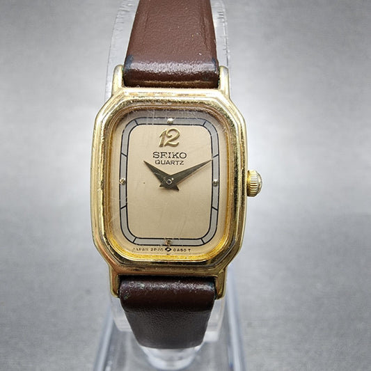 Seiko Tank Watch Women 17mm Brown Dial Gold Tone 2p205a09 New Battery0