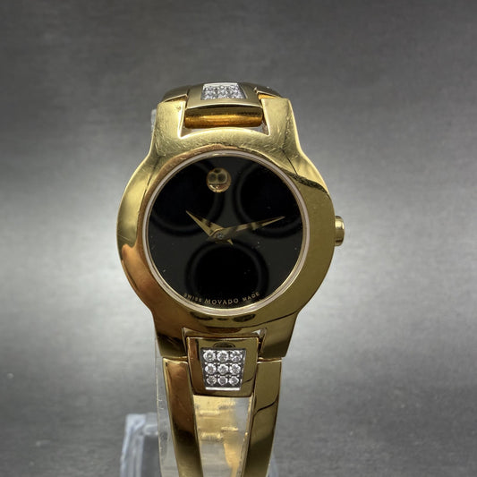 Movado Amorosa Watch Women 24mm Black Dial Gold Diamond Accents New Battery ABCD0