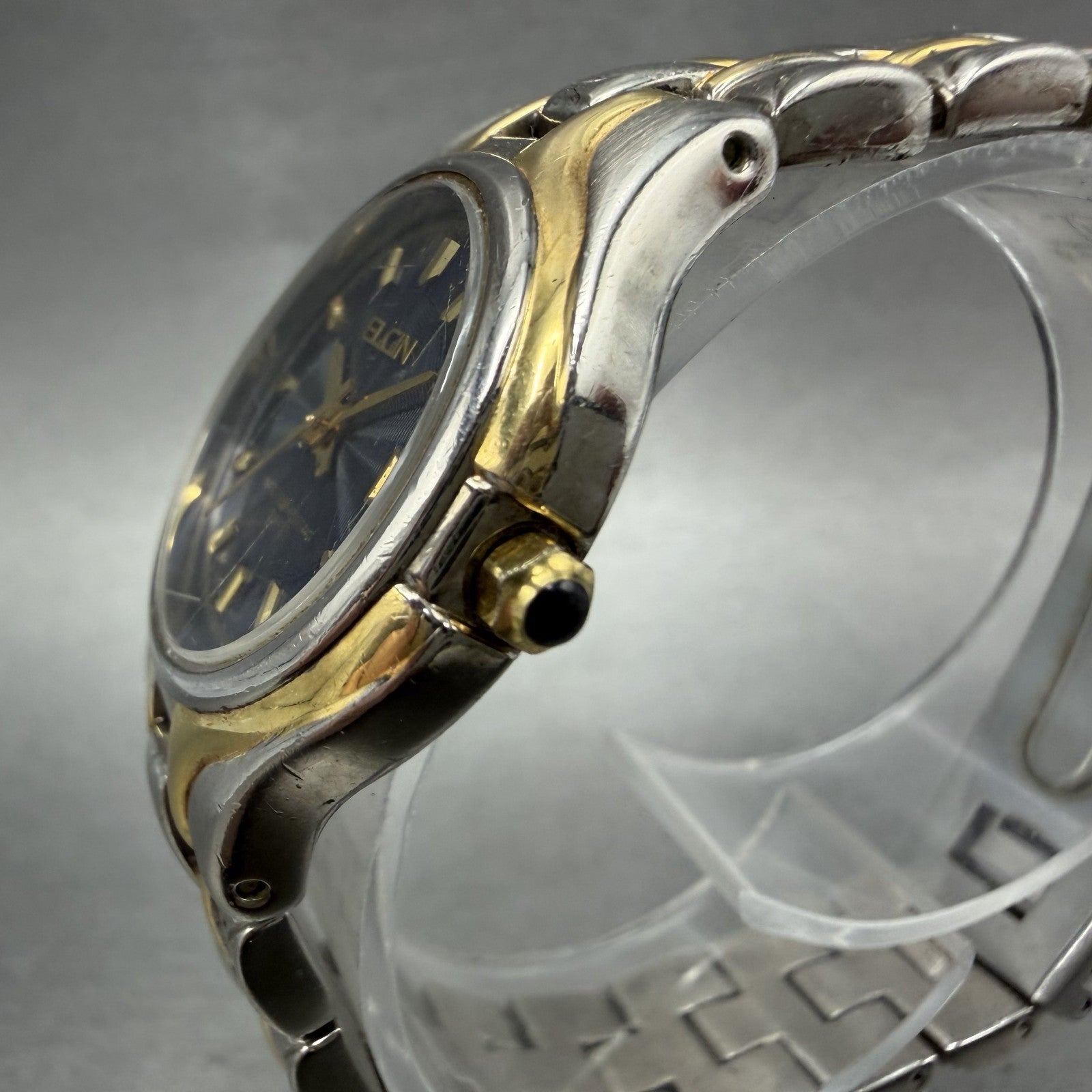 Elgin Watch Women 27mm Blue Dial Two Tone Date Round Bracelet New Battery2