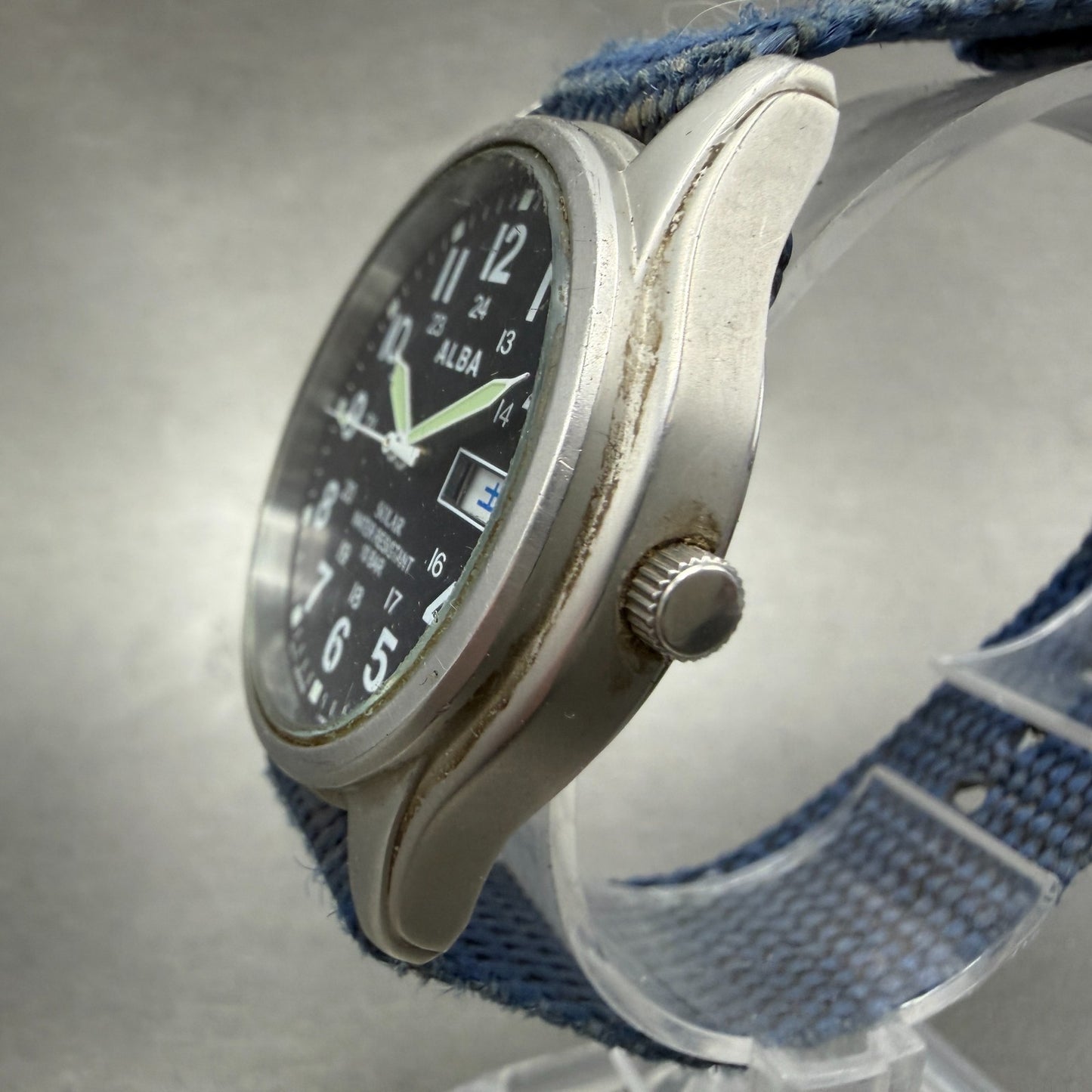 Seiko Alba Solar Watch Men 36mm Blue Dial Silver Tone Daydate V158-0AX0 Runs2