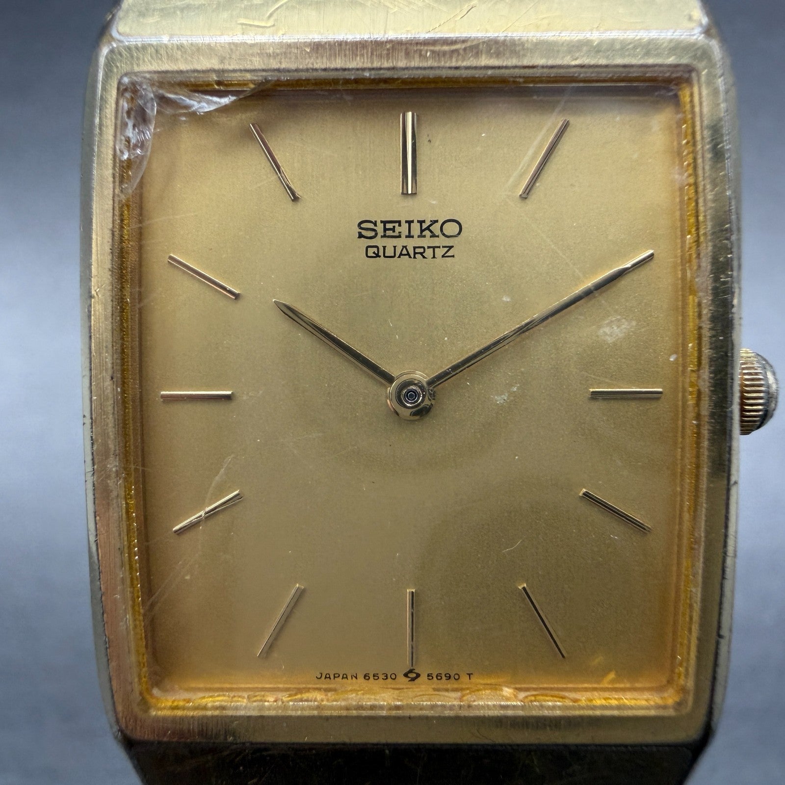 Seiko Tank Watch Men 25mm Champagne Dial Gold Tone 6530-5389 New Battery CRACKED1