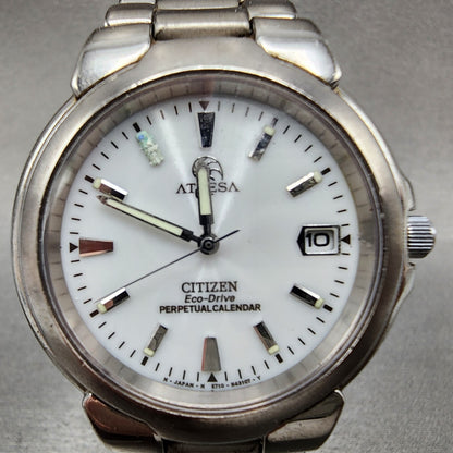 Citizen Attesa Eco-Drive Watch Men 36mm White Dial Titanium Date Perpetual Cal