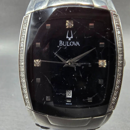 Bulova Watch Men 30mm Black Dial Silver Diamonds Date Rectangle 96E02 New Batt1