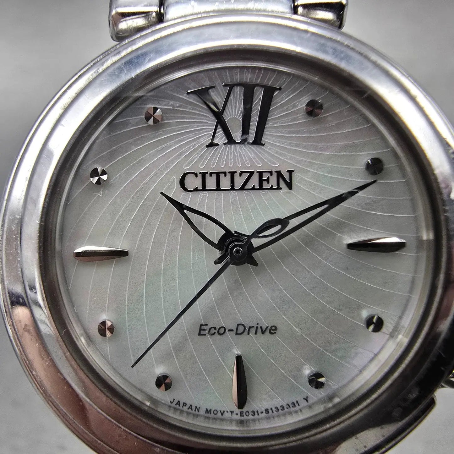 Citizen Eco-Drive Sunrise Watch Women 30mm MOP Dial Silver Tone EM0330-55D Runs1
