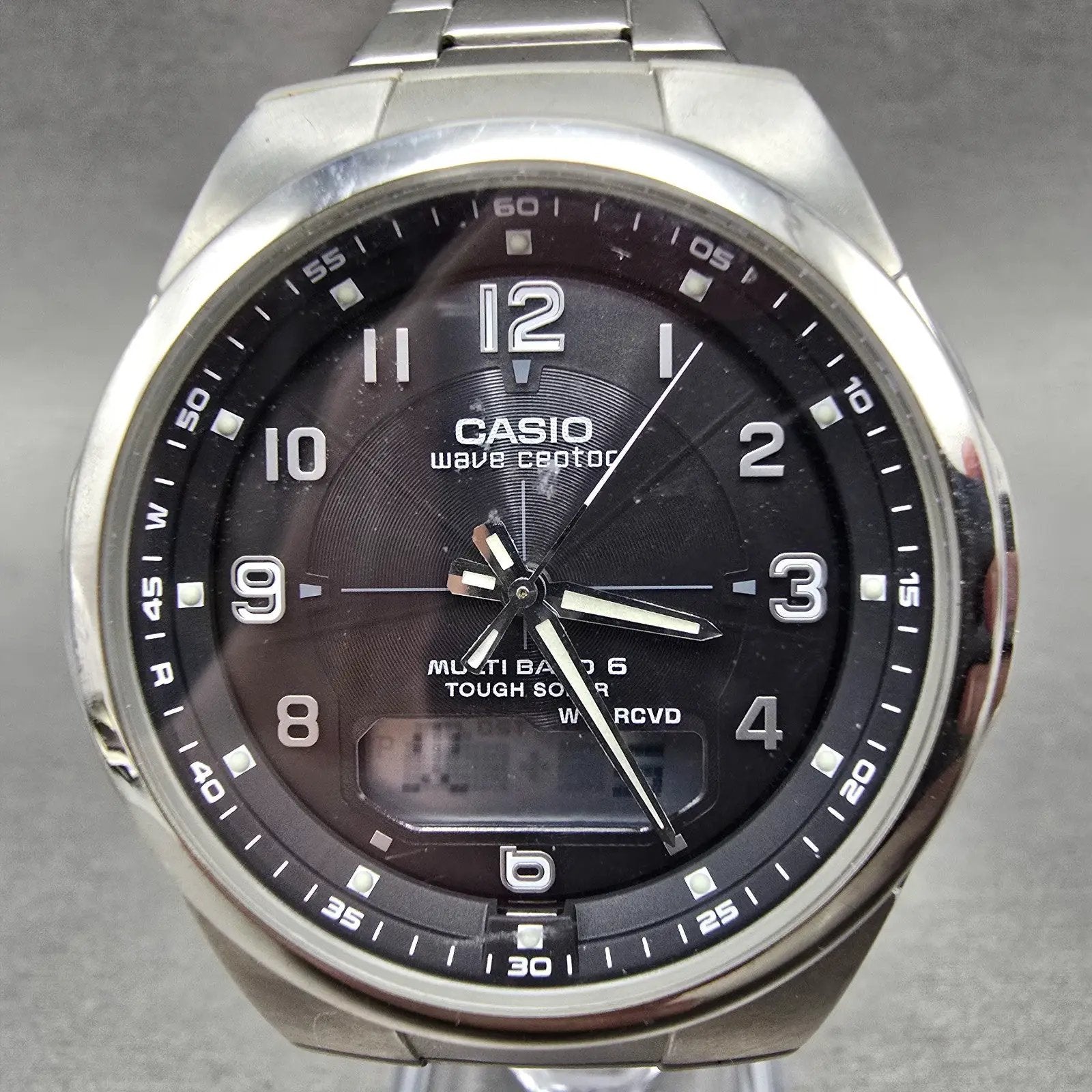 Casio Wave Ceptor  Watch Men 42mm Black Dial Steel Analog Digital Solar Runs R0