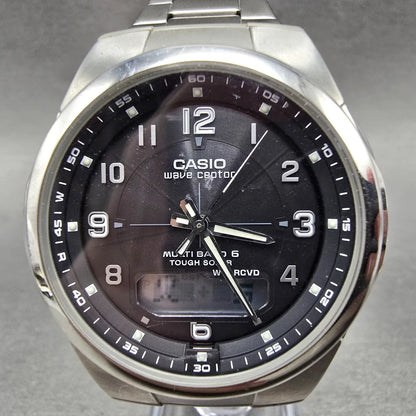 Casio Wave Ceptor  Watch Men 42mm Black Dial Steel Analog Digital Solar Runs R0