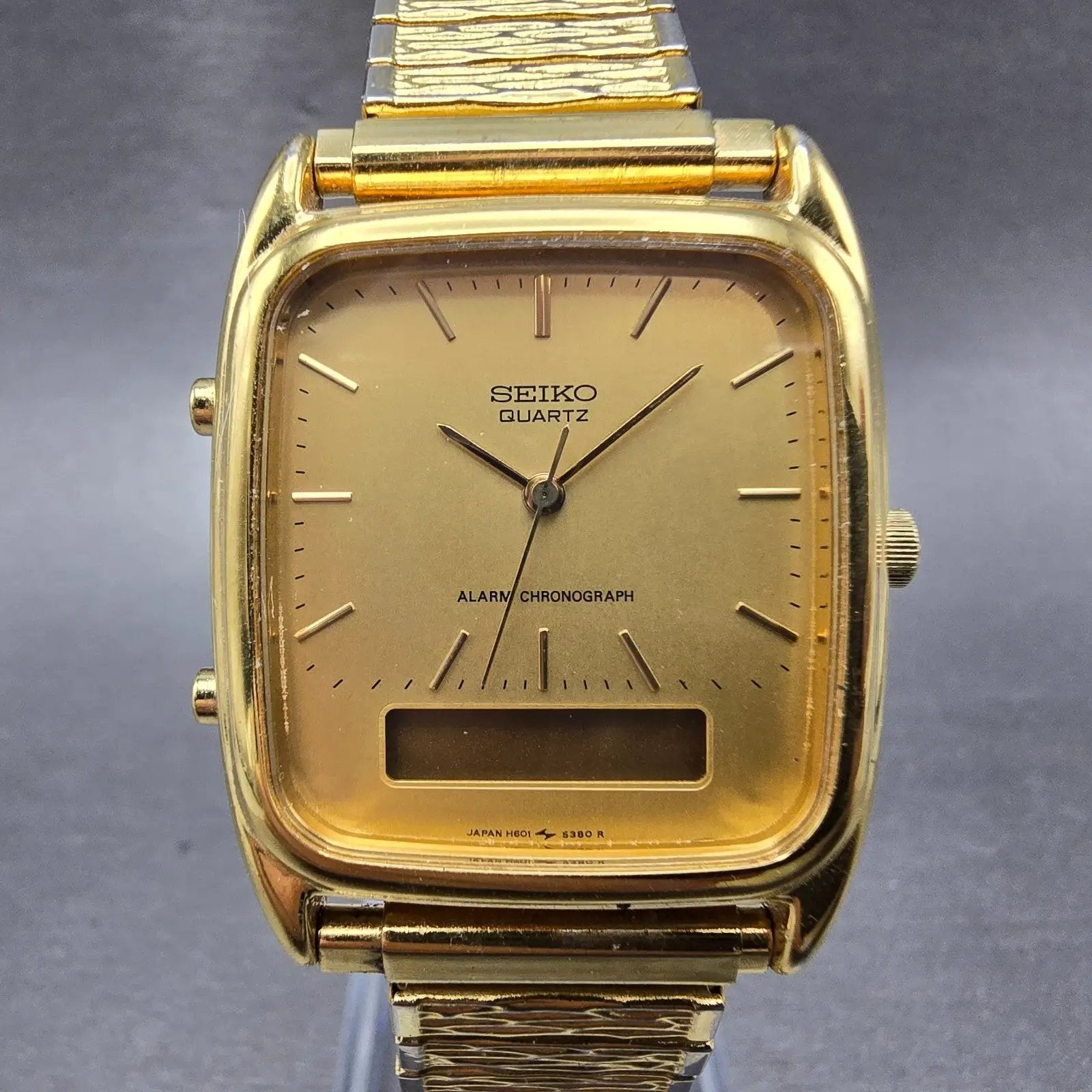 Seiko Ana Digi Watch Men 29mm Gold Dial Gold Tone Rectangle H601-5430 PARTS VTG0