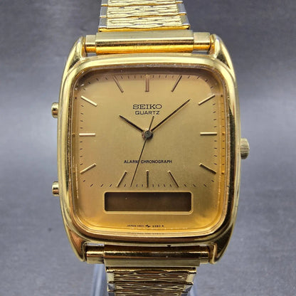 Seiko Ana Digi Watch Men 29mm Gold Dial Gold Tone Rectangle H601-5430 PARTS VTG0