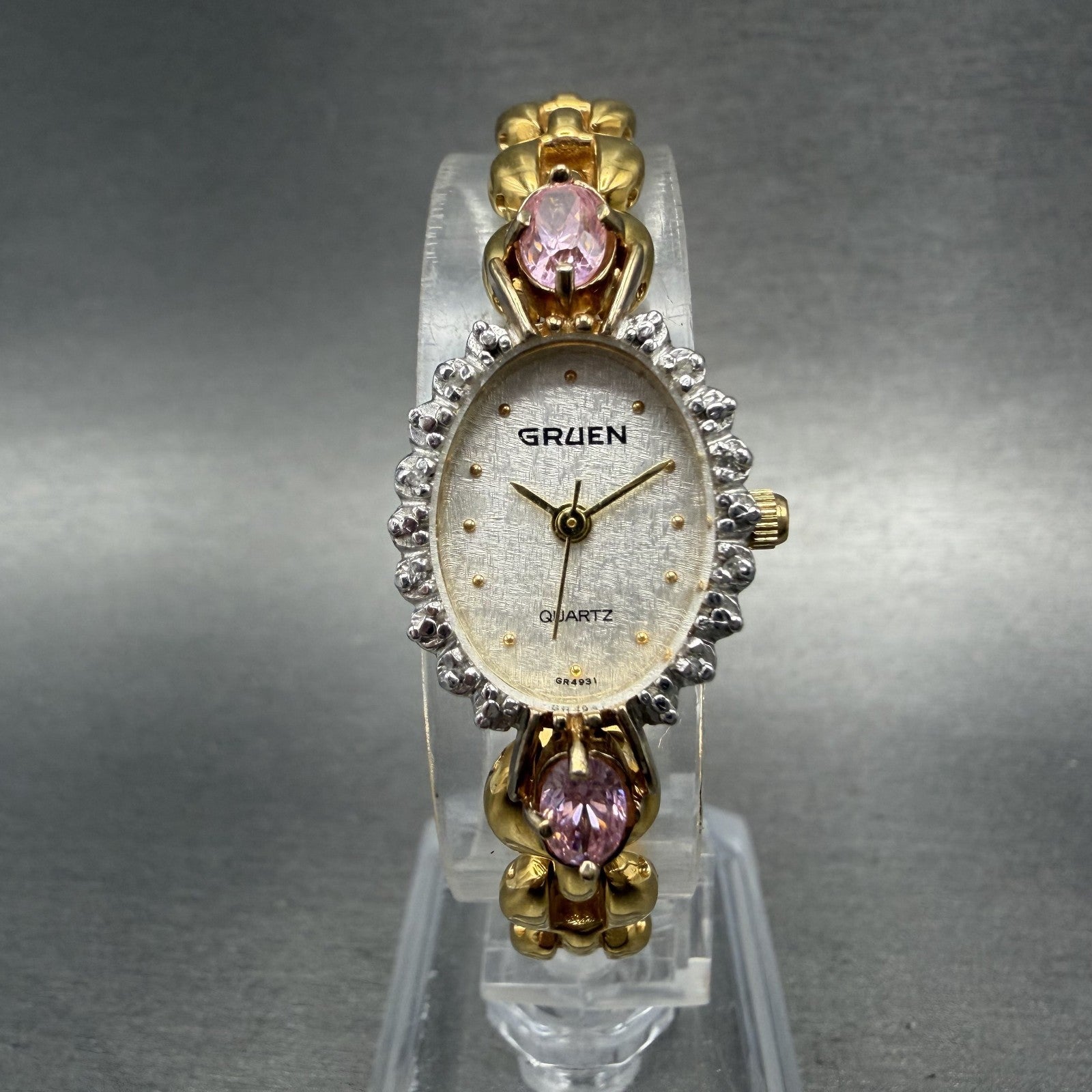 Gruen Watch Women 18mm White Dial Gold Tone Oval Pink Gem Stones New Battery0