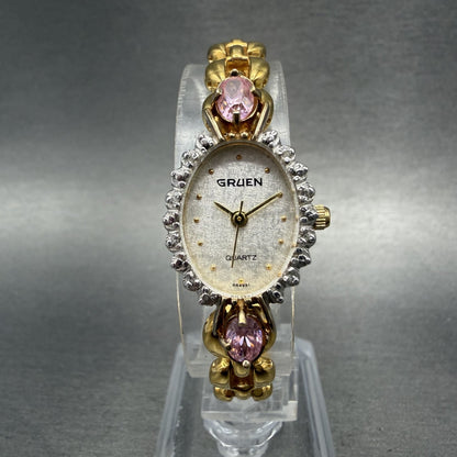 Gruen Watch Women 18mm White Dial Gold Tone Oval Pink Gem Stones New Battery0