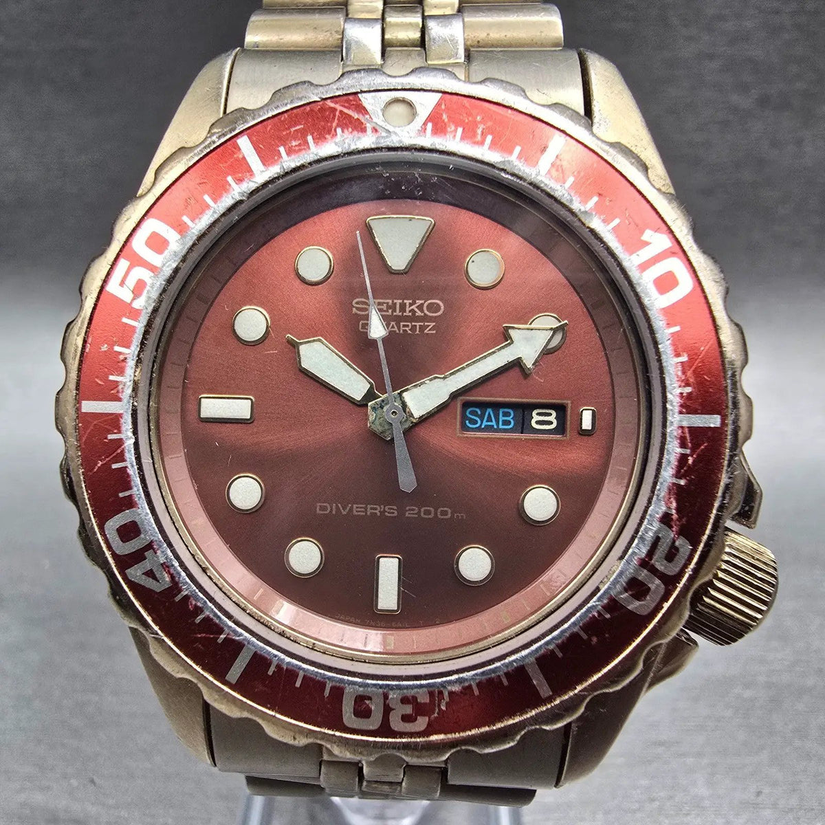 Seiko Diver Watch Men 41mm Red Dial Gold Daydate Round 7N36-6A39 New Battery1