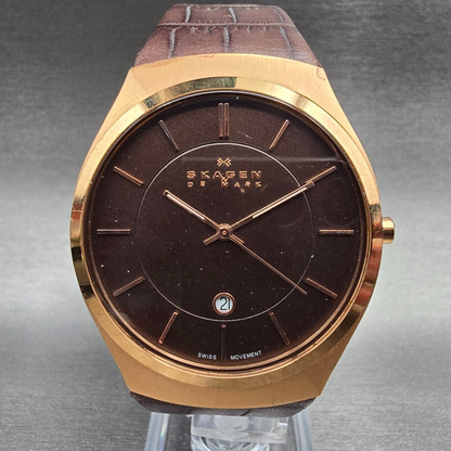 Skagen Watch Men 39mm Brown Dial Rose Gold Tone Date Round 925XLRLD New Battery0