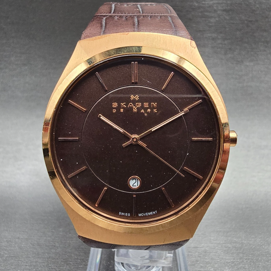 Skagen Watch Men 39mm Brown Dial Rose Gold Tone Date Round 925XLRLD New Battery0