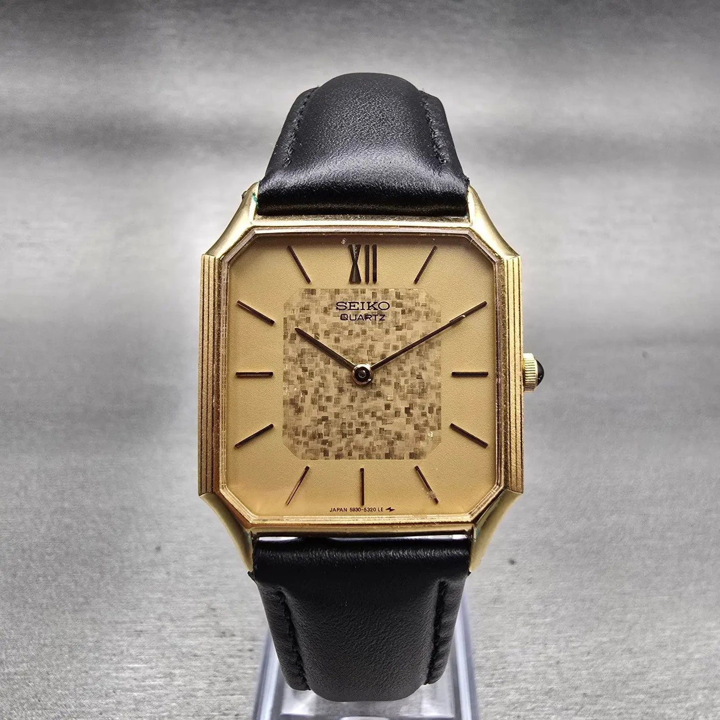 Seiko Watch Men 27mm Gold Dial Gold Tone Rectangle 5930-5199 New Battery Vintage0