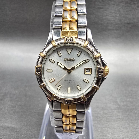 Seiko Sports 50 Watch Women 25mm Silver Dial Two Tone Date 7N82-0261 New Batt 890