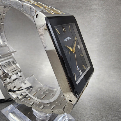 Bulova Quadra Tank Watch Women 21mm Black Dial Two Tone Rectangle 98P185 CHIPPED
