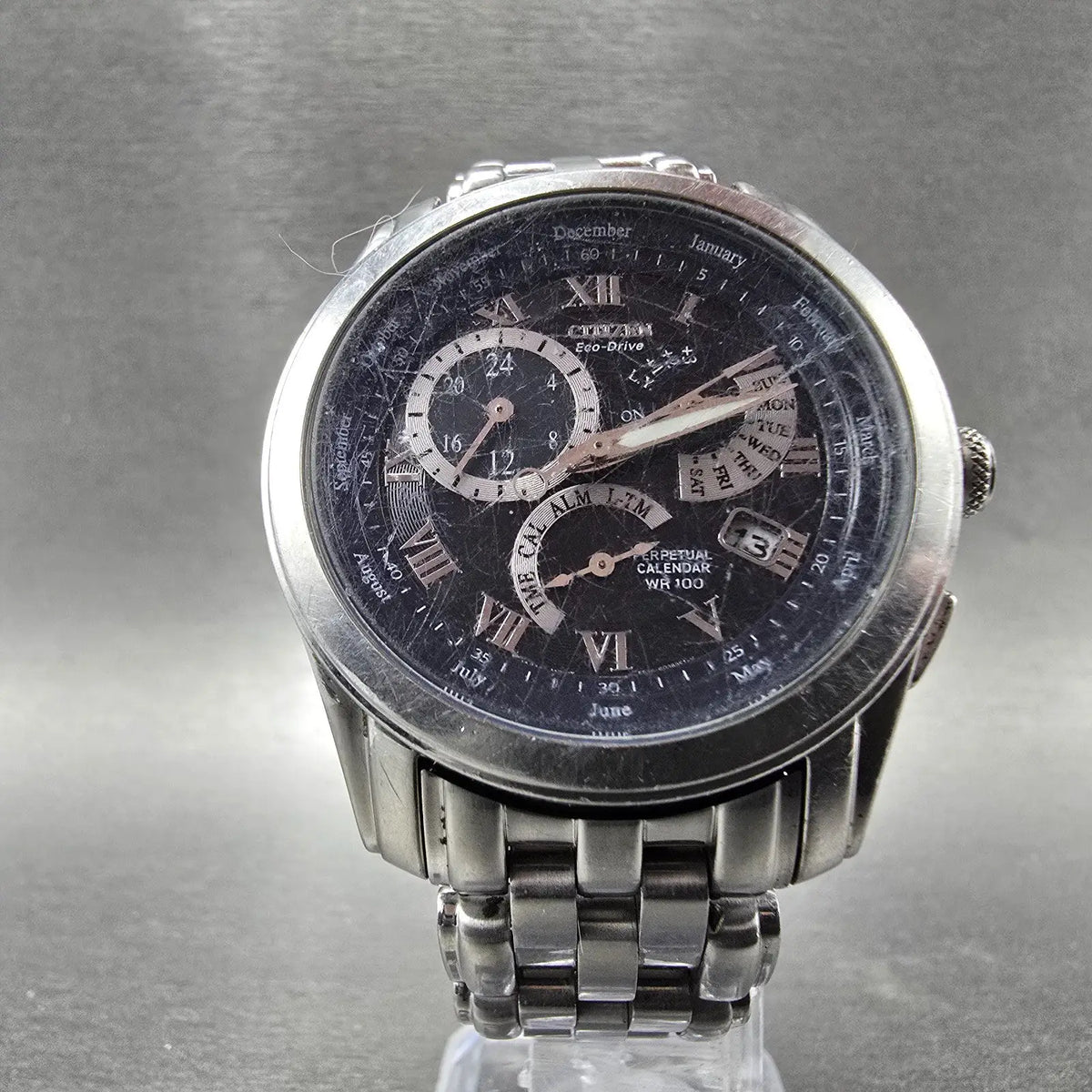 Citizen Eco-Drive Perpetual Calendar Watch Men 39mm Black Dial Steel Alarm Runsc5
