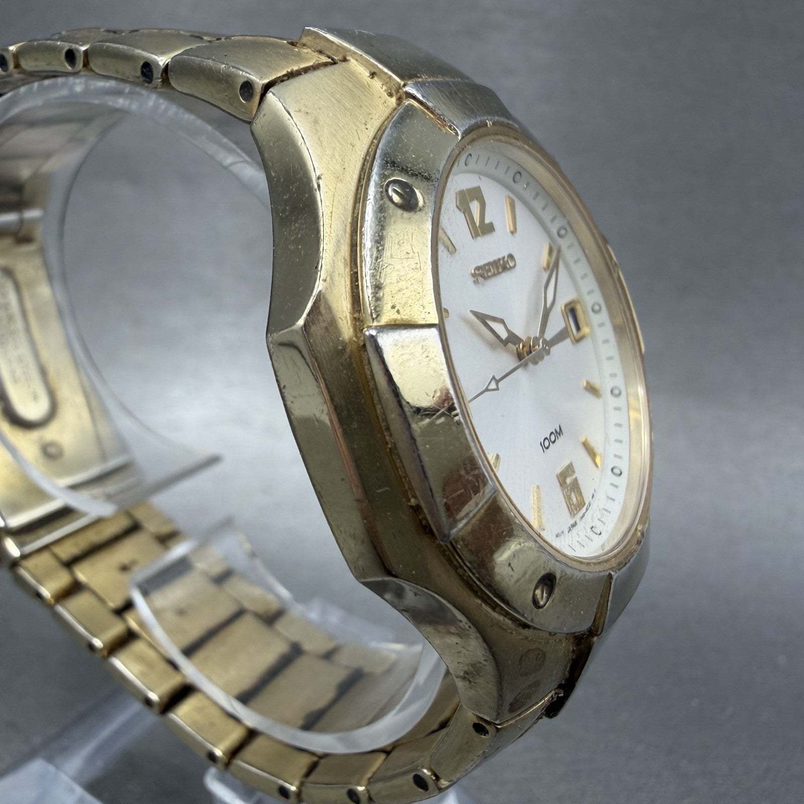 Seiko Watch Men 38mm Silver Dial Gold Tone Date Round 7N420BL0 New Battery3