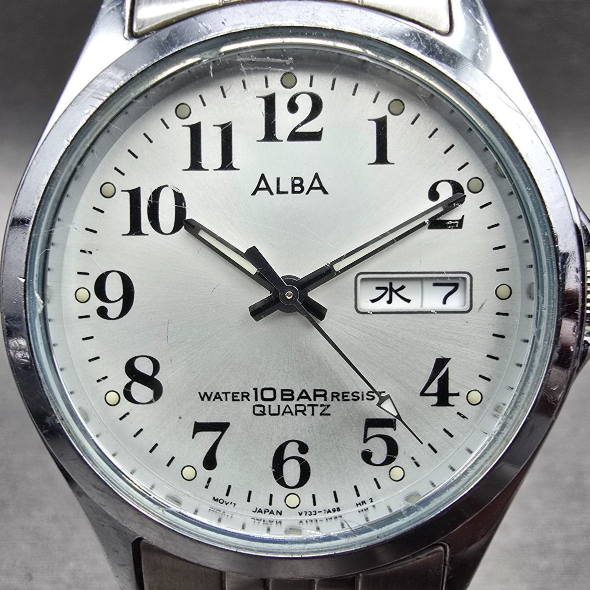 Seiko Alba Watch Men 34mm Silver Dial Silver Daydate Round V733-7A70 New Batt JP1