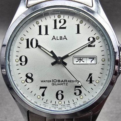 Seiko Alba Watch Men 34mm Silver Dial Silver Daydate Round V733-7A70 New Batt JP1