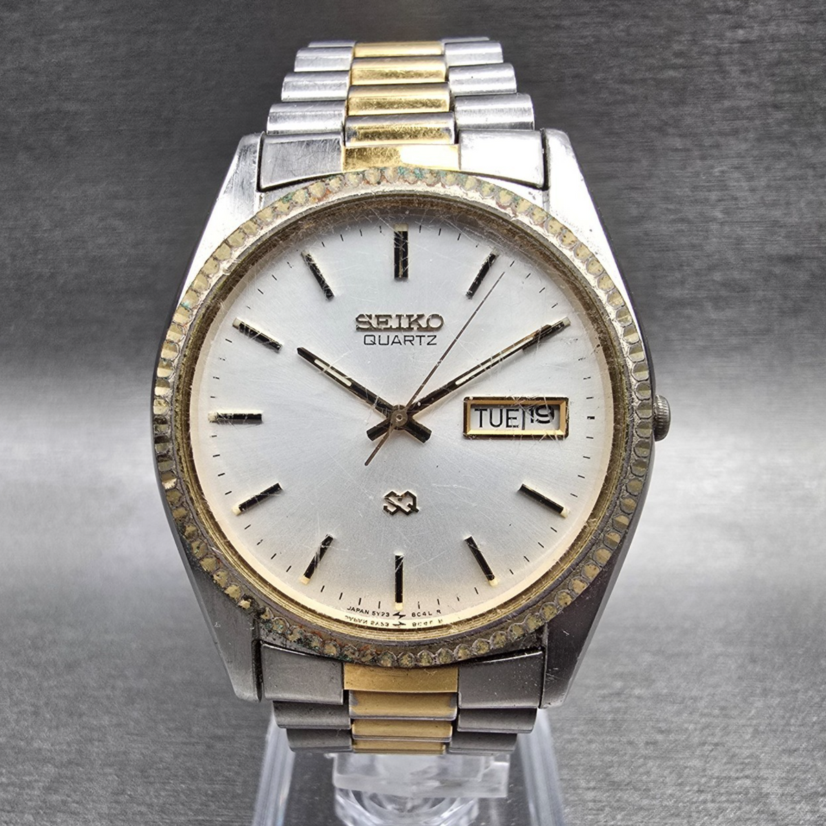 Seiko President Watch Men 35mm Silver Dial Two Tone Daydate SQ 5Y23-8A69 New Bat0