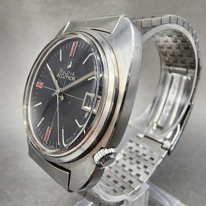 Bulova Accutron Calendar Watch men 35mm Black DIal Steel Date M9 21364 PARTS3
