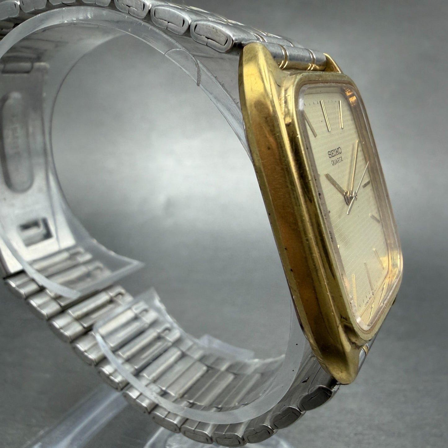 Seiko Tank Watch Men 28mm Champagne Dial Two Tone Rectangle 9021-517C NewBattery3