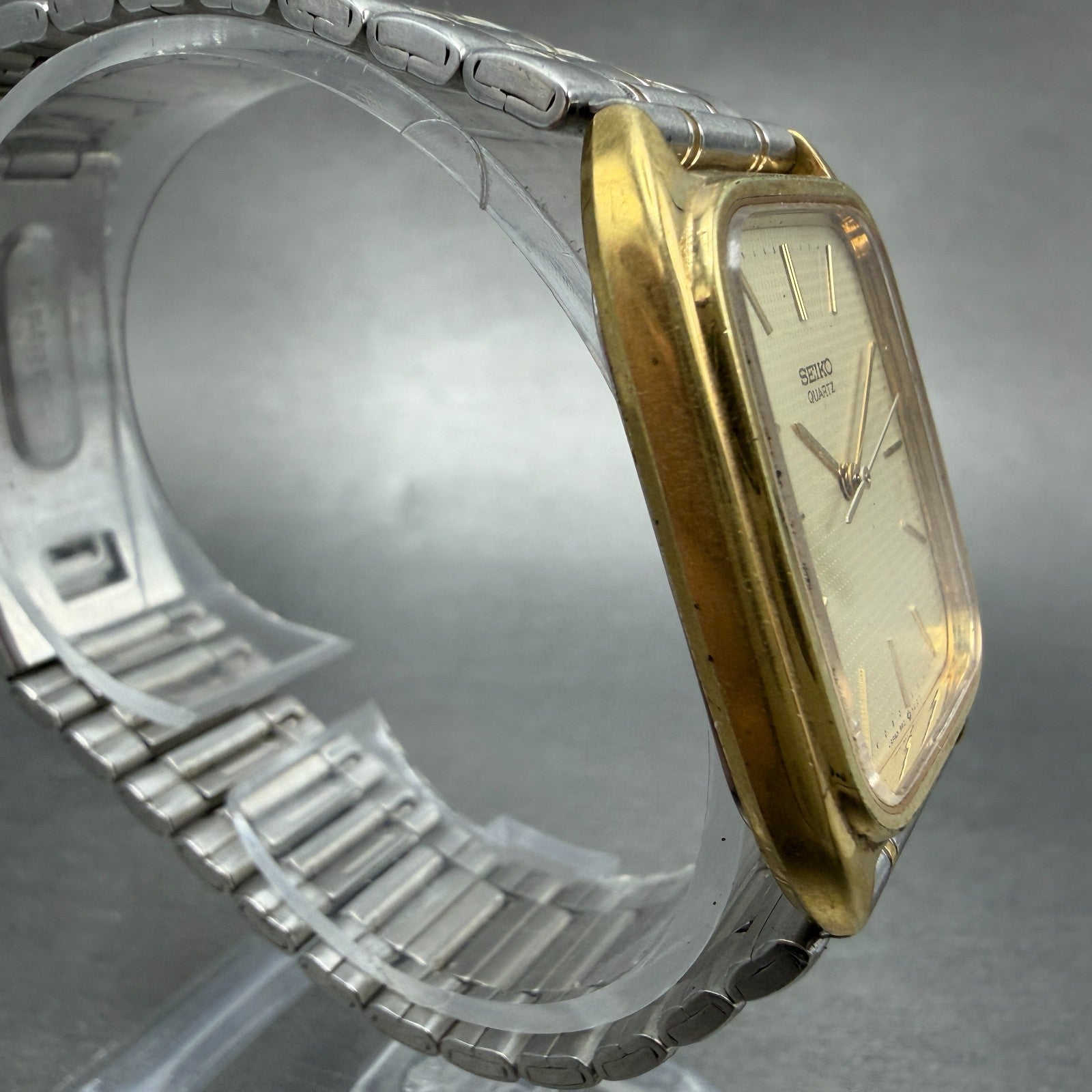 Seiko Tank Watch Men 28mm Champagne Dial Two Tone Rectangle 9021-517C NewBattery3