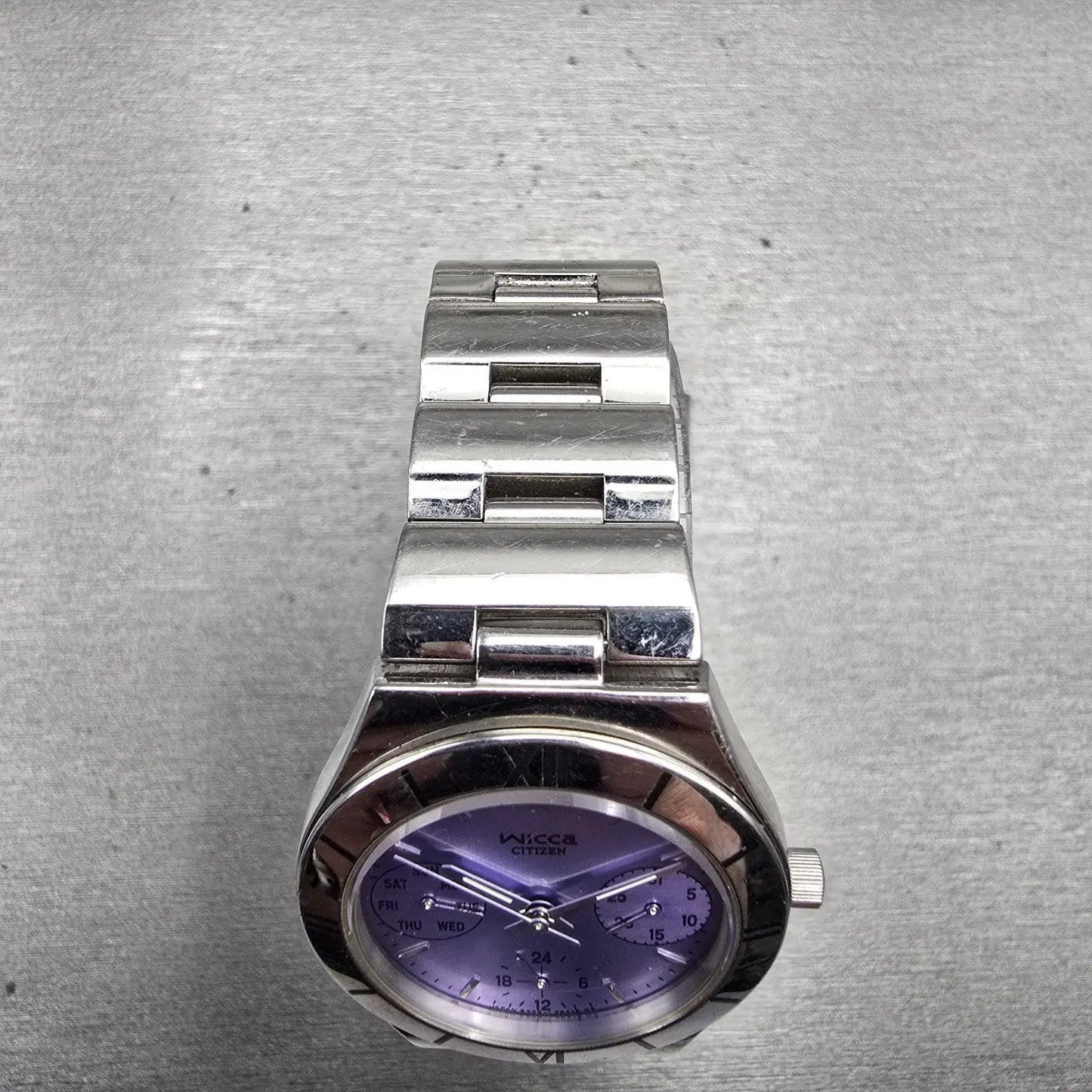 Citizen Wicca Watch Women 30mm Purple Dial Silver Daydate 6329-L19508 New Batt4