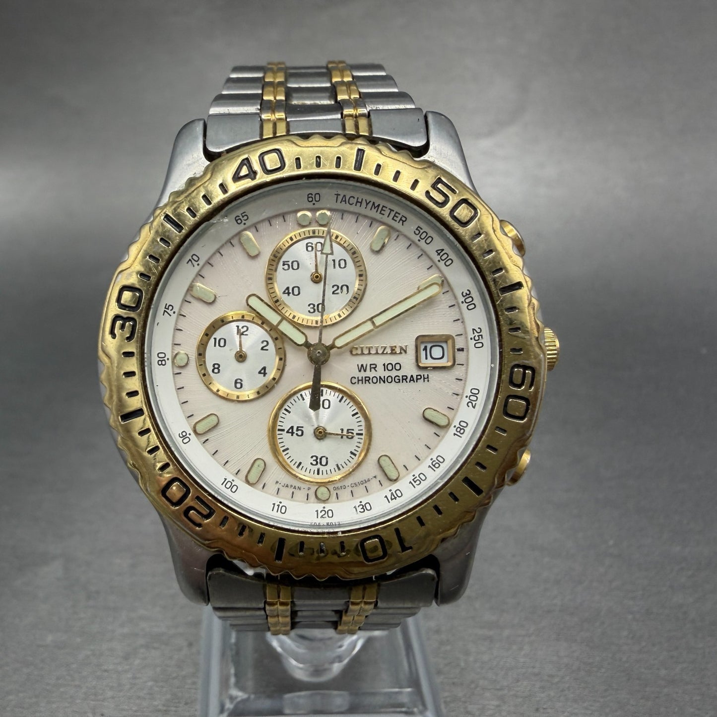 Citizen Chronograph Watch Men 40mm White Dial Two Tone Date Round New Battery0