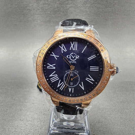Gevril GV2 Astor Watch Women 40mm Blue Dial Rose Gold Tone Diamond Bezel 9109