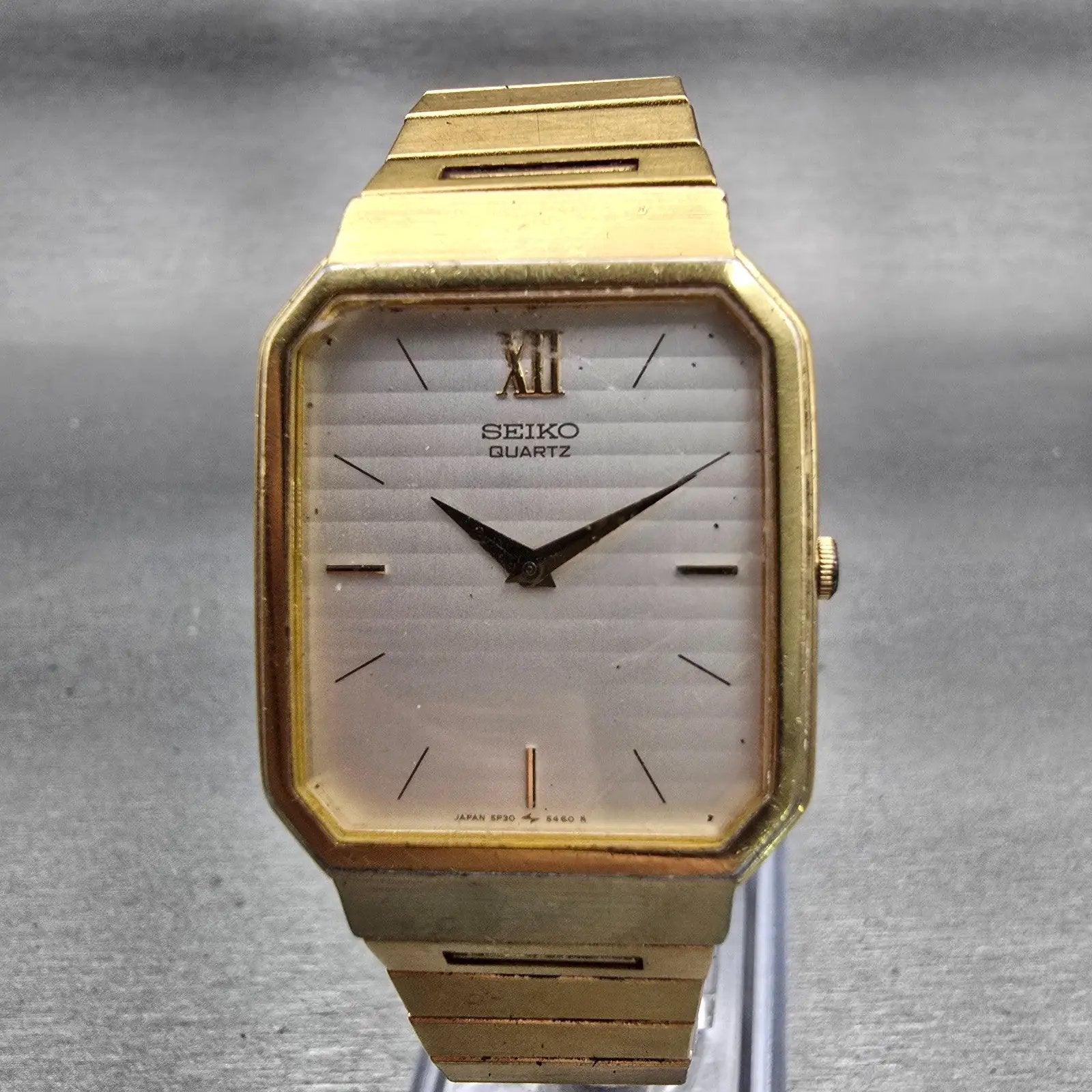 Seiko Watch Men 26mm White Dial Gold Tone Rectangle 5P30-5299 New Battery VTG0