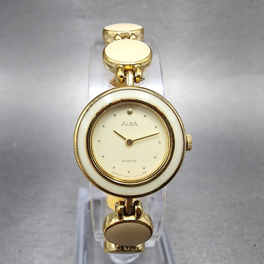 Seiko Alba Watch Women 20mm White Dial Gold Tone Round Y588005b New Battery0