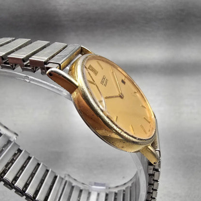 Seiko Watch Men 32mm Gold Dial Gold Tone Date Round 5Y39-7010 New Battery VTG3