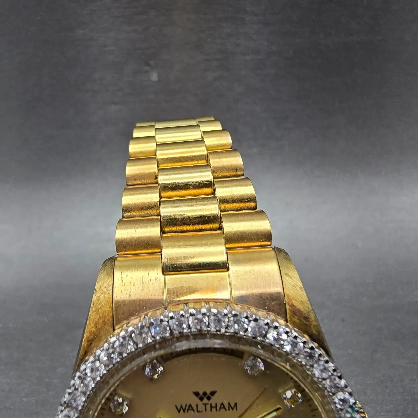 Waltham President Watch Men 36mm Gold Dial Gold Tone Daydate Round New Battery5