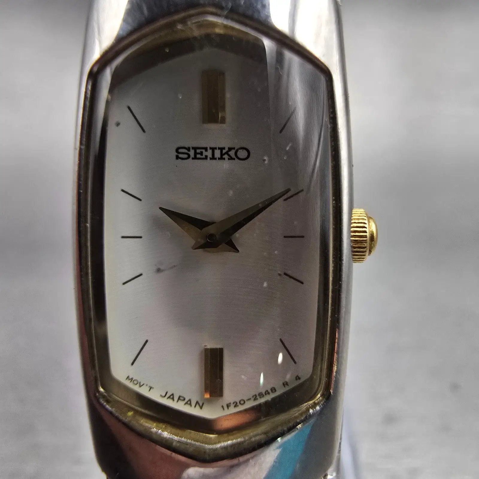 Seiko Watch Women 14mm White Dial Two Tone Rectangle 1F20-6H49 New Battery1