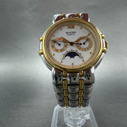 Bulova Moon Phase Watch Men 35mm White Dial Two Tone Daydate 90D07 New Battery5