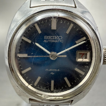 Seiko Automatic Watch Women 24mm Blue Dial Silver Tone Date 2205-0050 Runs VTG1