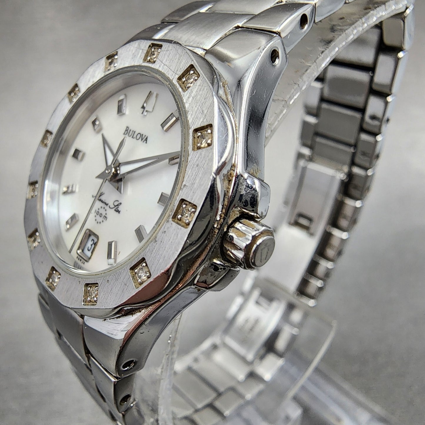 Bulova Marine Star Watch Women 25mm MOP Dial Silver Tone Date 96r24 New Battery2