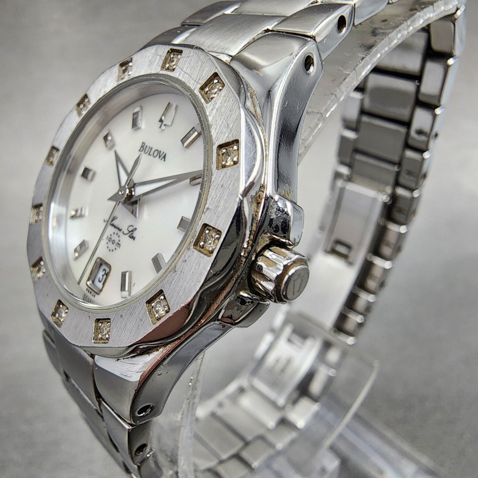 Bulova Marine Star Watch Women 25mm MOP Dial Silver Tone Date 96r24 New Battery2