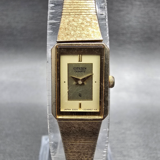 Citizen CQ Watch Women 13mm Gold Dial Gold Tone Rectangle 2200-222857 New Batt L0
