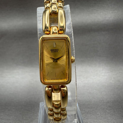 Seiko Tank Watch Women 13mm Champagne Dial Gold Tone Rectangle 2E207108 New Bat0