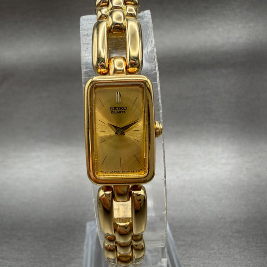 Seiko Tank Watch Women 13mm Champagne Dial Gold Tone Rectangle 2E207108 New Bat0