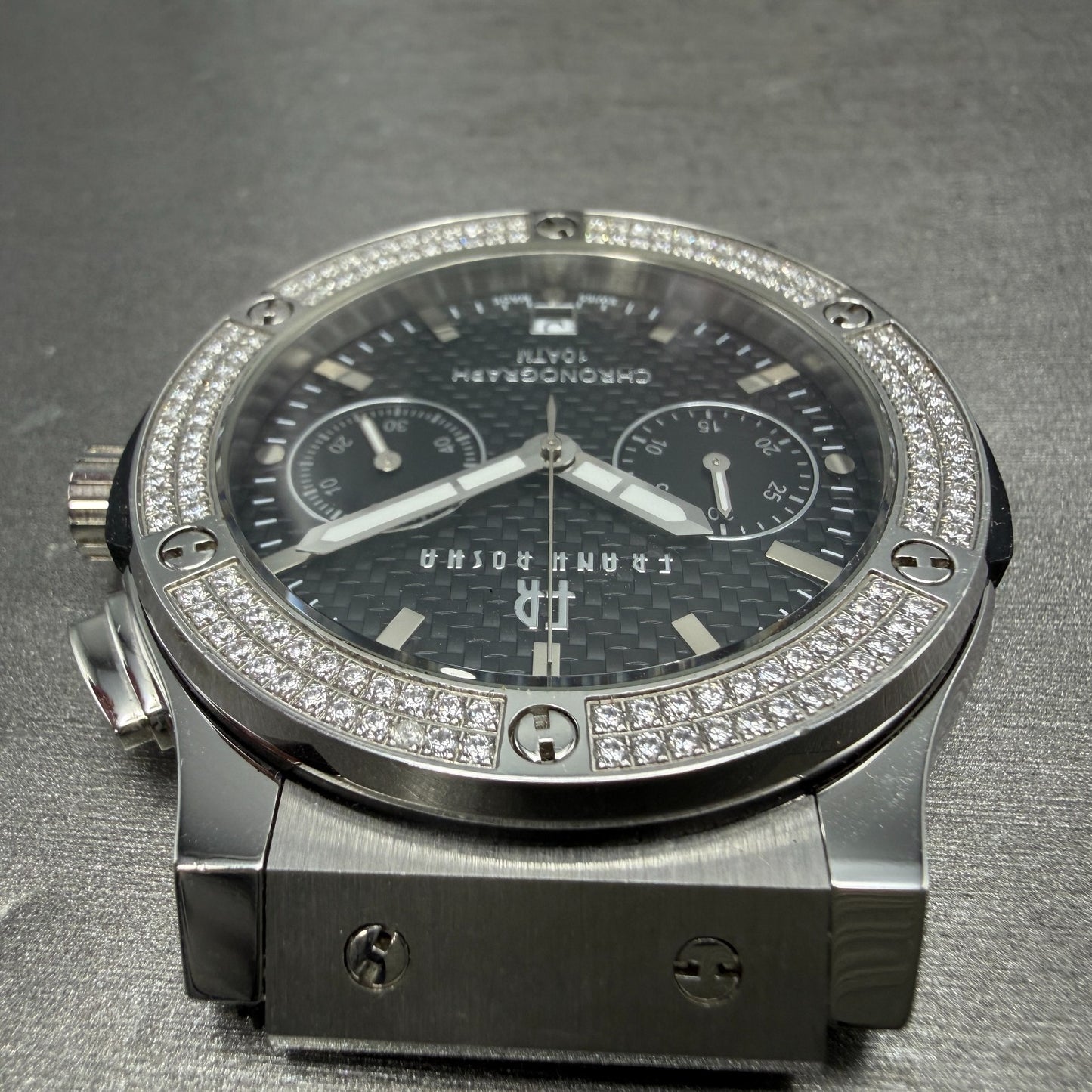 Frank Rosha Chronograph Watch Men 45mm Black Dial Steel Date Gem Bezel New batt4