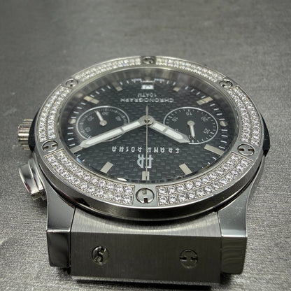 Frank Rosha Chronograph Watch Men 45mm Black Dial Steel Date Gem Bezel New batt4
