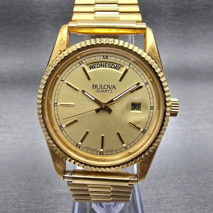 Bulova President Watch Men 36mm Gold Dial Gold Tone Daydate Round 97C03 New Batt0
