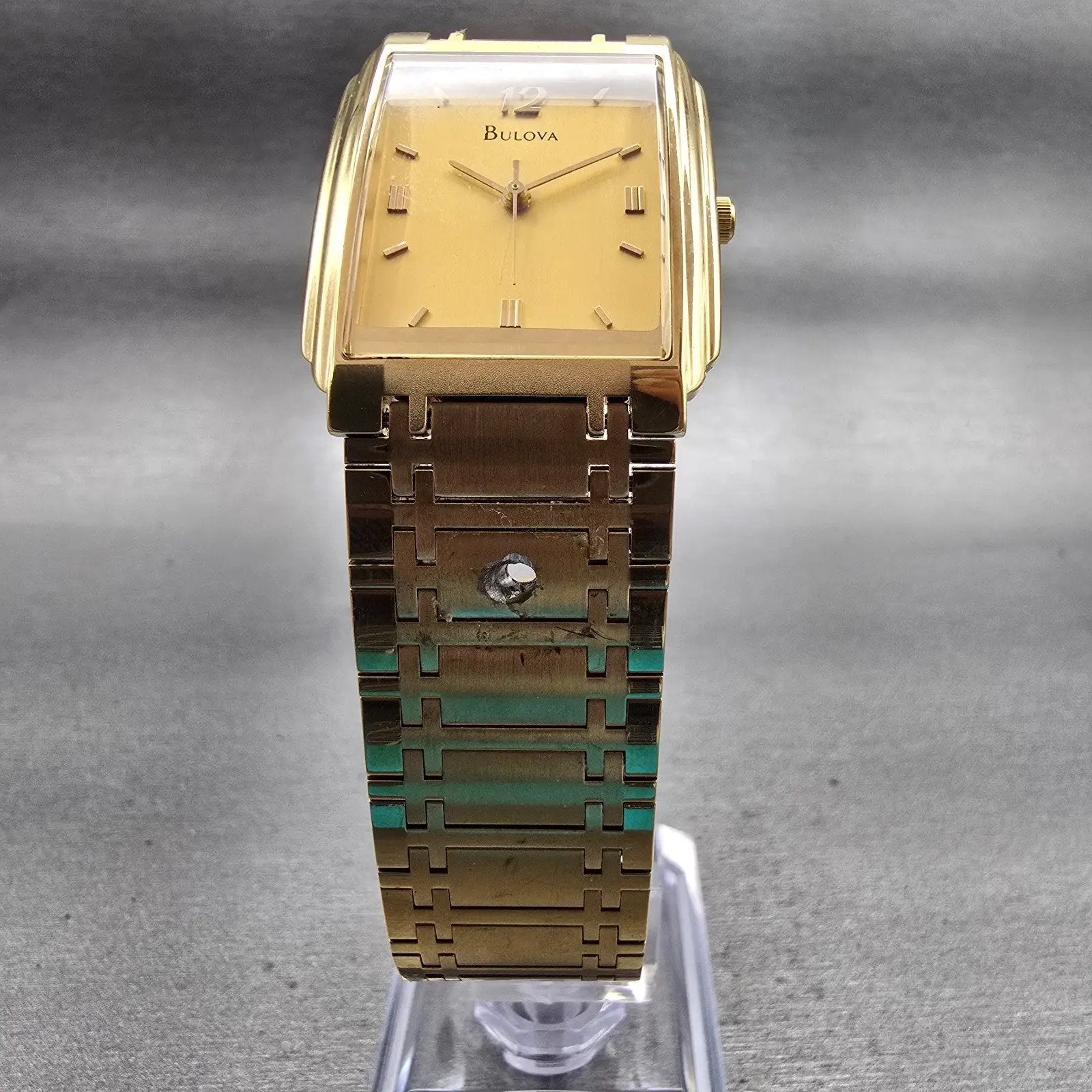 Bulova Watch Men 26mm Gold Dial Gold Tone Rectangle 97A15 New Battery Vintage5
