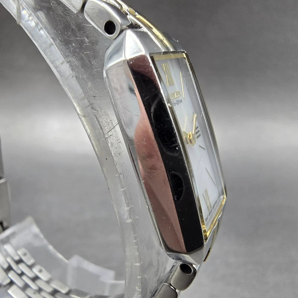 Citizen Eco-Drive Tank Watch Women 14mm MOP Dial Two Tone Rectangle Works JP3