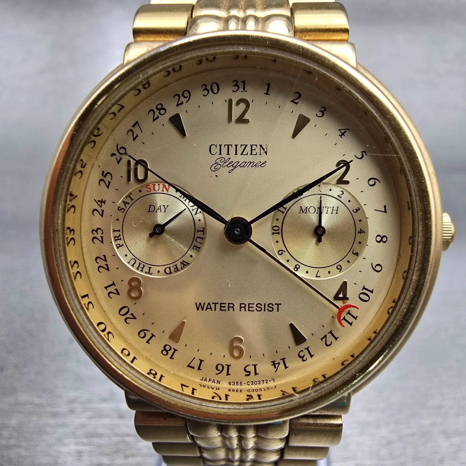 Citizen Elegance Triple Calendar Watch Men 35mm Champagne Dial Gold Tone New Bat1