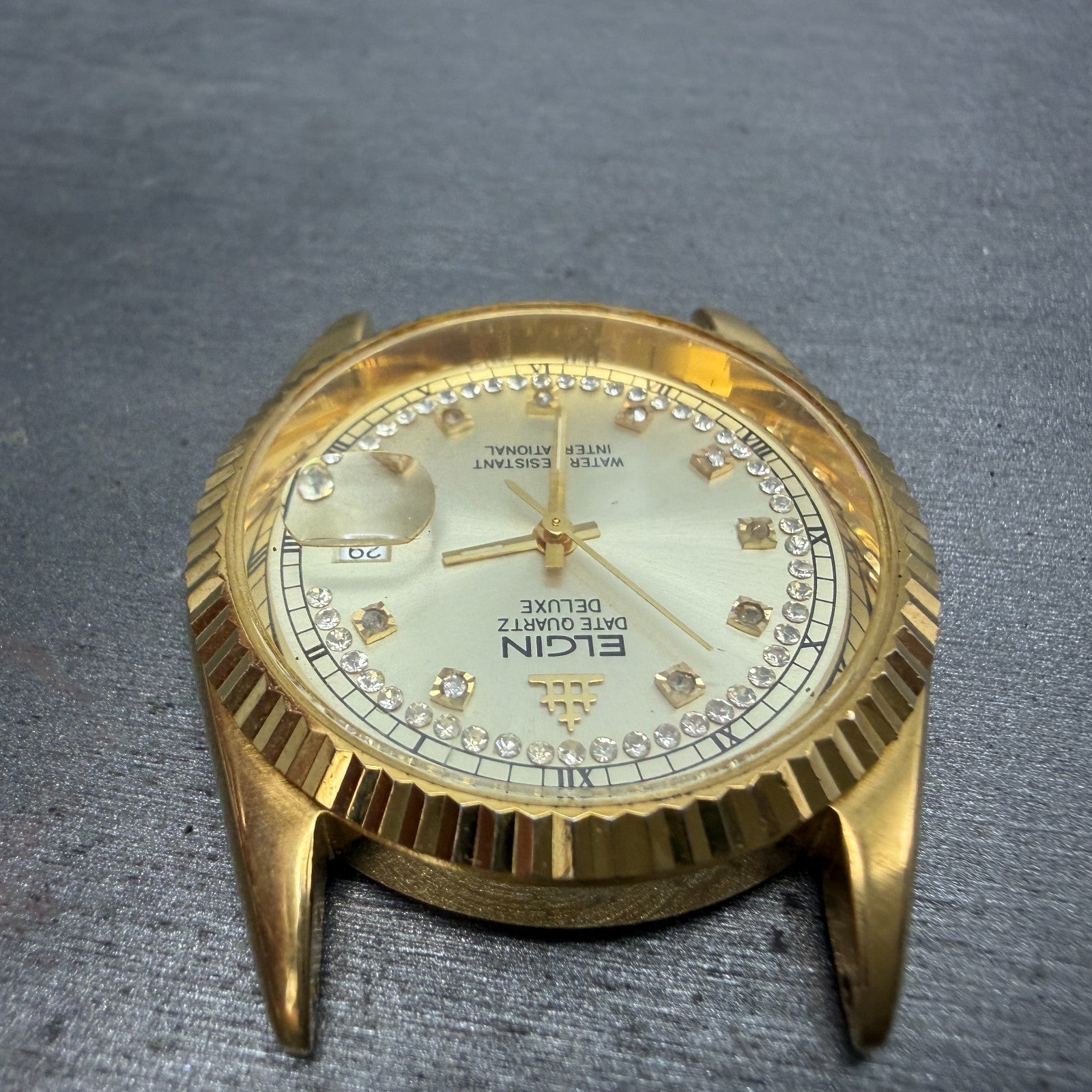 Elgin President Watch Men 35mm Gold Dial Gold Tone Date Round FK-329 PARTS5